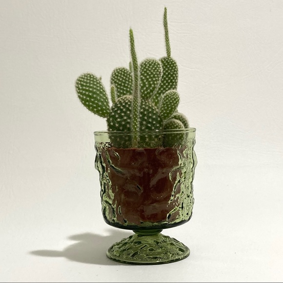 Vintage Mid Century Modern Texture Goblet Glass Olive Green Planter